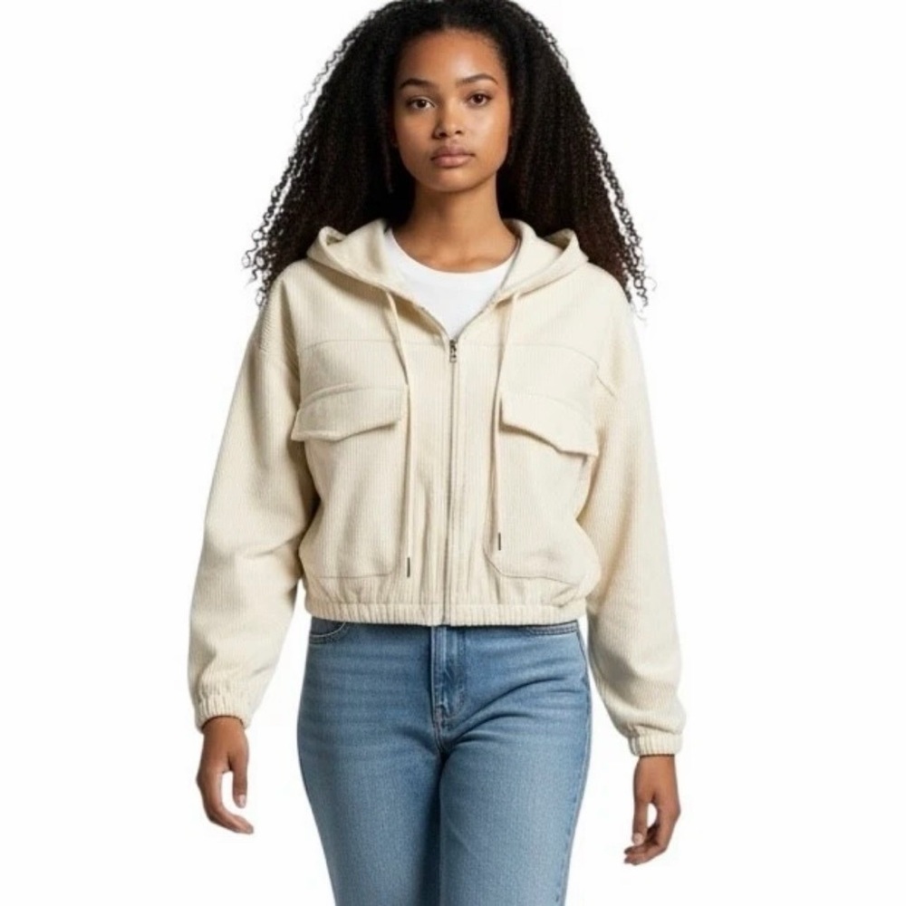 Shein Women's Corduroy Jacket Size L Cream Zip Up Hoodie Cropped Flap Pockets